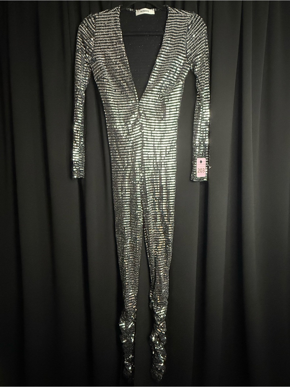 Silver Sequin Deep V Long-Sleeve Jumpsuit